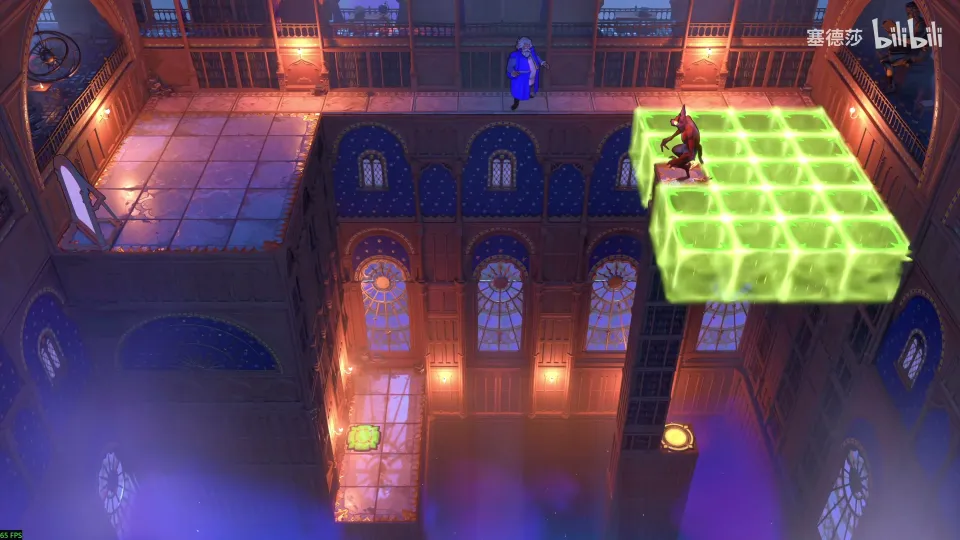 High Heroes puzzle 33: a red-lit hall with a green energy grid at the top right, a goblin, a mirror and a lower floor