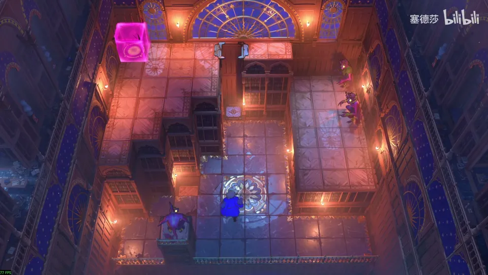 High Heroes puzzle 34: a red hall seen from above with a magenta block at the top left, goblins and a round grate in the middle