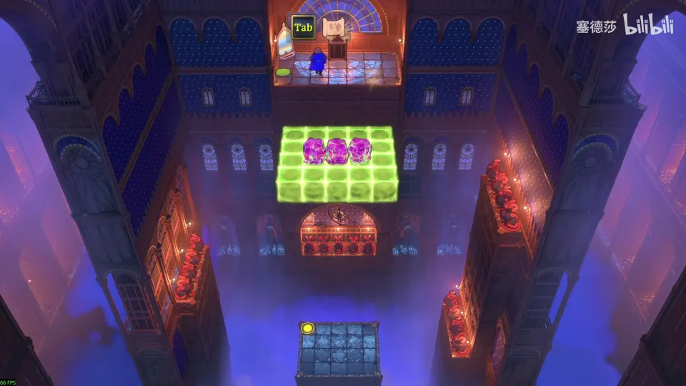 High Heroes puzzle 35: a deep blue shaft with a green energy grid holding pink crystals and red dragons on the walls