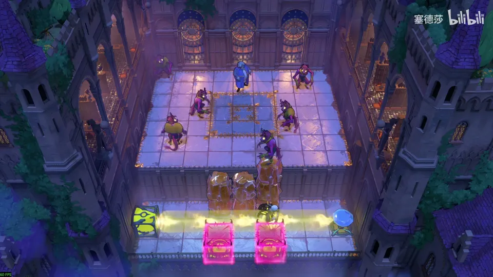 High Heroes puzzle 36: a purple hall with goblins on a raised floor, a yellow beam along the bottom and pink blocks