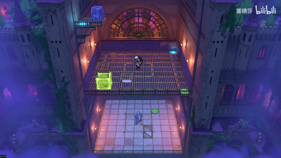 High Heroes puzzle 37: a dark hall with a metal grate floor, a green block, mirrors and a blue crystal high above