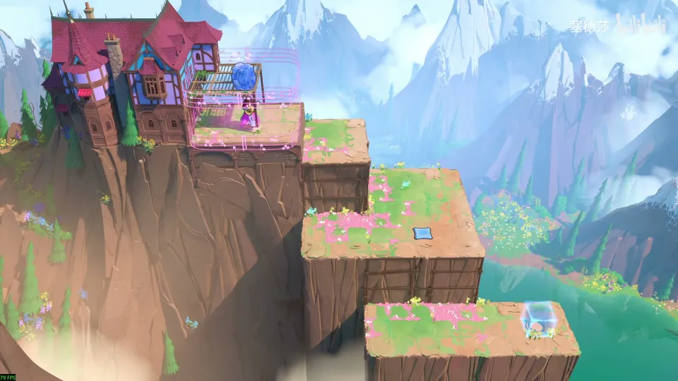 High Heroes puzzle 38: green cliff terraces with the Bard on a high ledge, a blue crystal and a blue button below