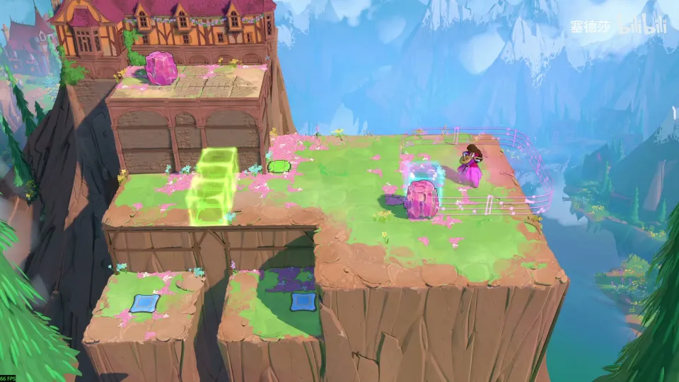 High Heroes puzzle 39: green cliffs with a green energy block, pink crystals and blue buttons on lower ledges