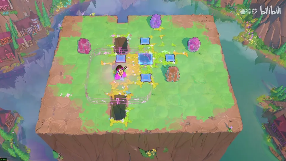 High Heroes puzzle 40: a grassy plateau with a cross of blue pads, pink crystals and a pit