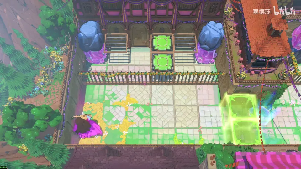 High Heroes puzzle 42: a sunny walled yard with blue stones, pink crystals, a green energy block and the Bard