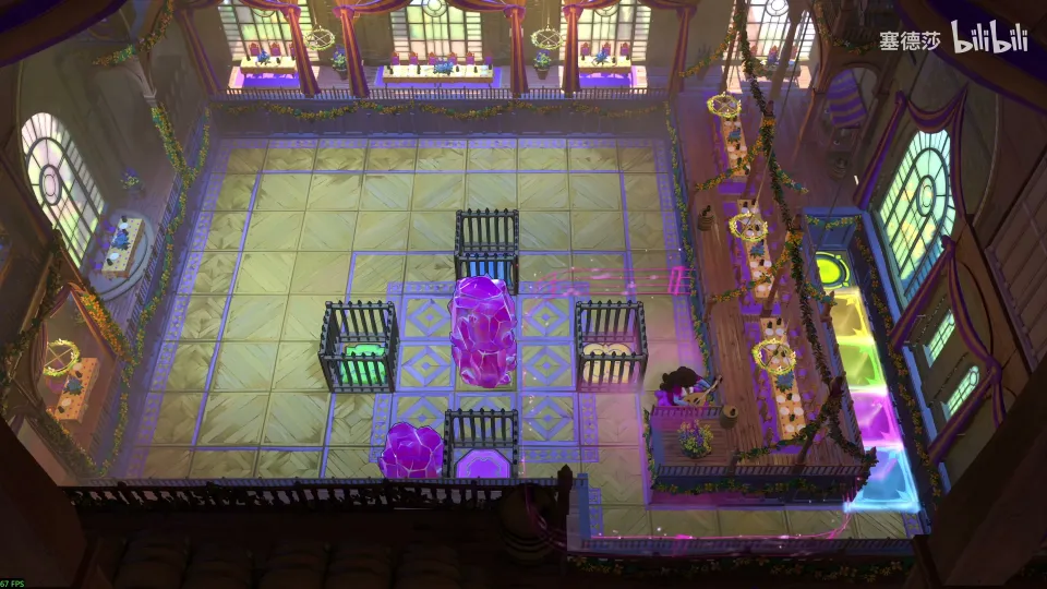 High Heroes puzzle 44: a green-tiled room with a stack of pink crystals, fences and coloured buttons on the right
