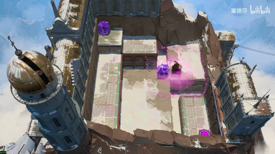 High Heroes puzzle 45: a sunlit white castle courtyard with the Bard, a purple crystal and a pit at the bottom right