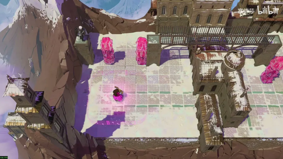 High Heroes puzzle 46: a snowy courtyard of stone buildings with pink crystal stacks and the Bard