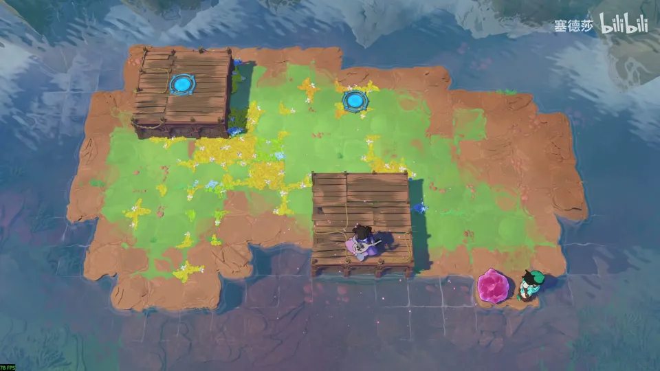 High Heroes puzzle 47: a grassy island in water with wooden platforms, a crystal and the Bard