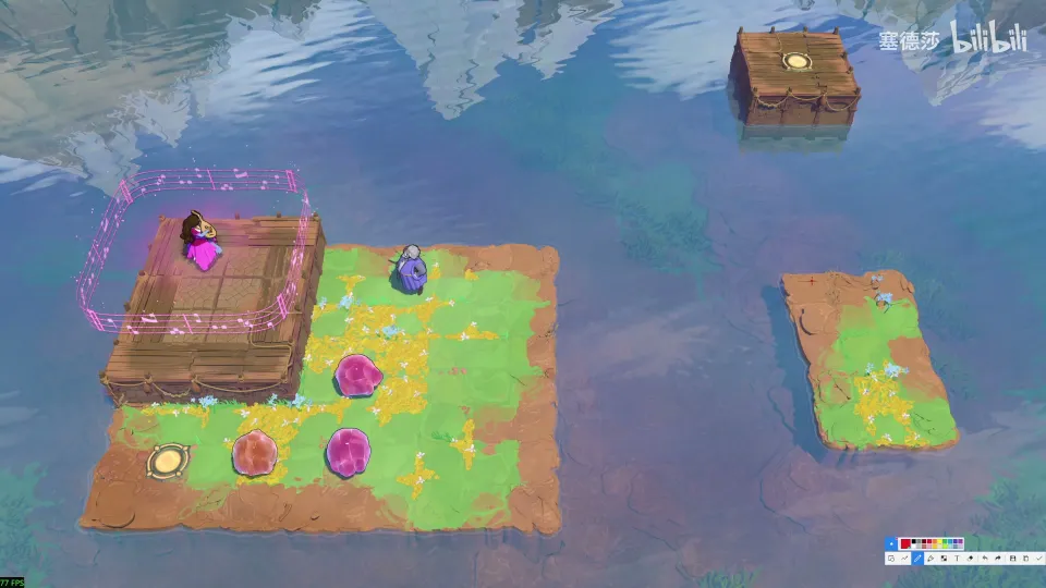 High Heroes puzzle 48: a wooden raft area on water with crystals, a skipping stone and a far platform at the top right