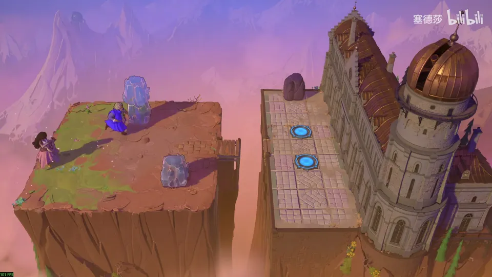 High Heroes puzzle 49: a grassy cliff with the Bard, the Wizard and crystals, a tower and blue pads on the right