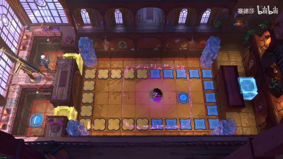 High Heroes puzzle 50: an orange-tiled hall with blue tiles, four tall crystal towers and the Bard in the middle