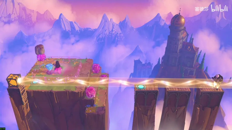 High Heroes puzzle 51: tall cliffs above the clouds with an orange beam running across and crystals on top