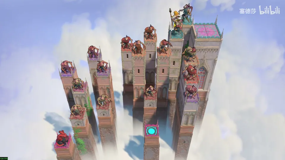 High Heroes puzzle 52: tall brick pillars in the sky with goblins on top and a cyan exit pad