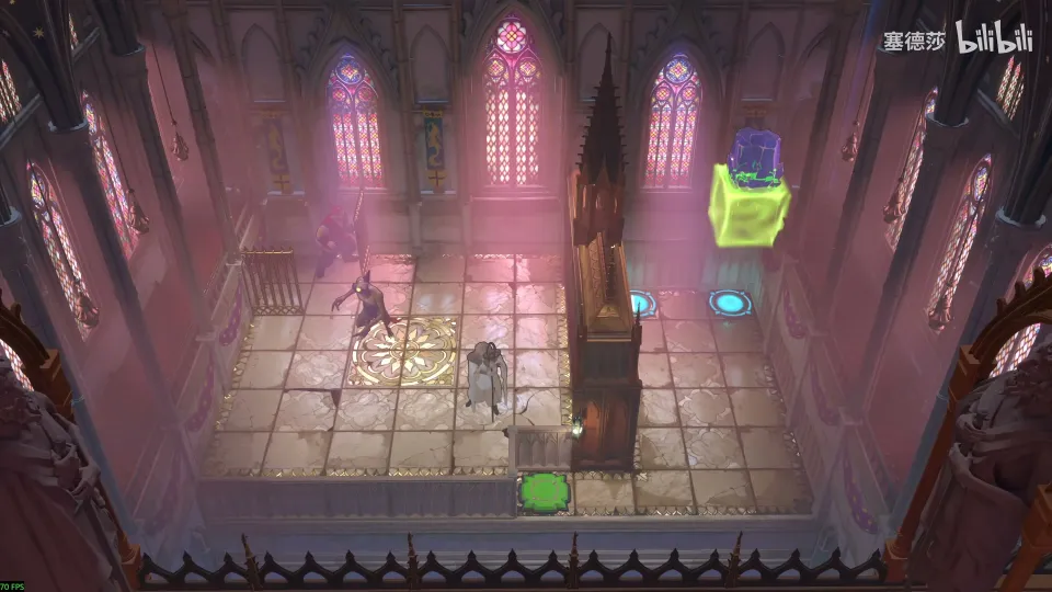 High Heroes puzzle 53: a pink cathedral hall with tall windows, a green button and a green block at the right