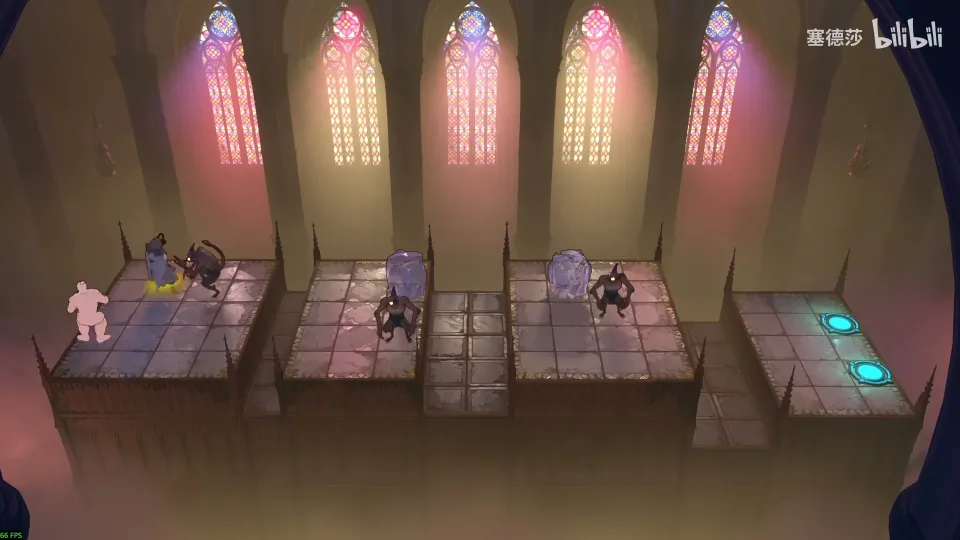 High Heroes puzzle 54: a row of tiled platforms under rose windows with pits between them and cyan exit pads at the right