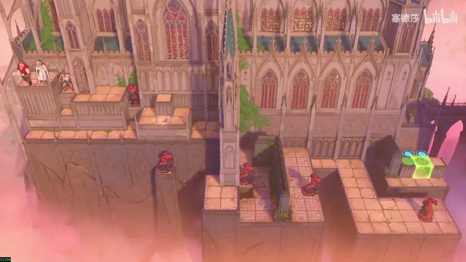 High Heroes puzzle 55: a pink brick tower top above clouds with dragons, a green block and cyan pads