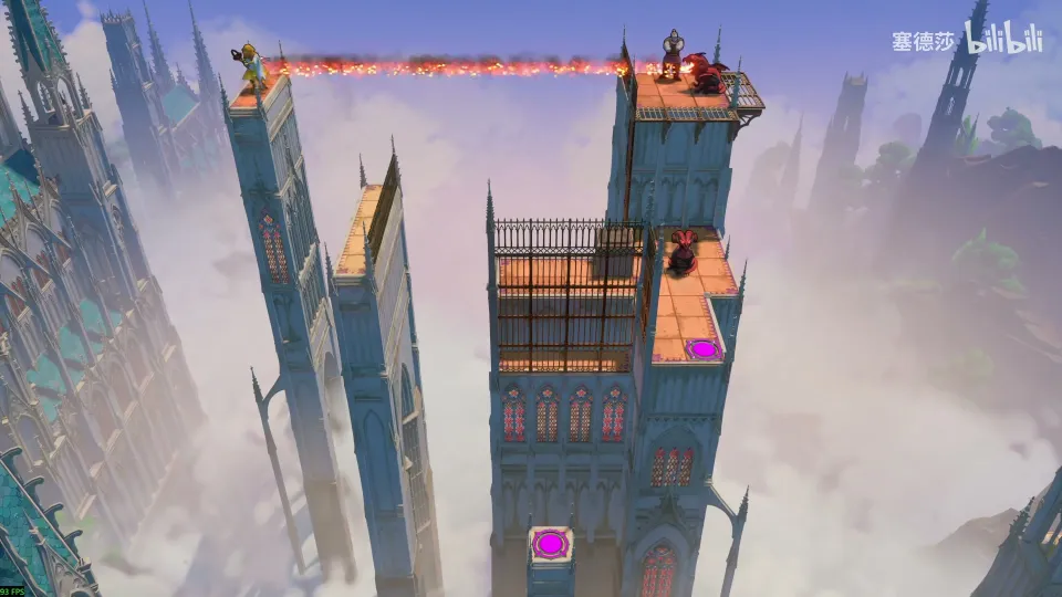 High Heroes puzzle 56: a tall blue gothic tower with a dragon breathing fire from the top and a magenta exit far below
