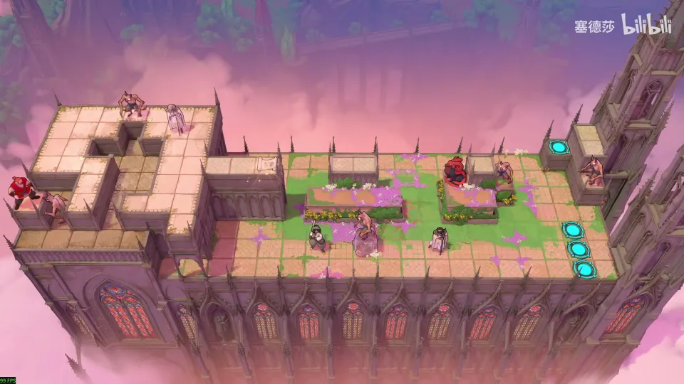 High Heroes puzzle 57: a long pink rooftop with stairs at the left, goblins and green planters, cyan exits at the right
