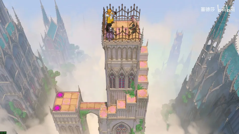High Heroes puzzle 58: a tall stone tower with the Bard and a goblin on top and a magenta exit below