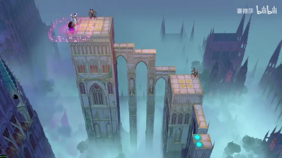 High Heroes puzzle 59: a blue sky ruin with a tower, arches and a raised platform