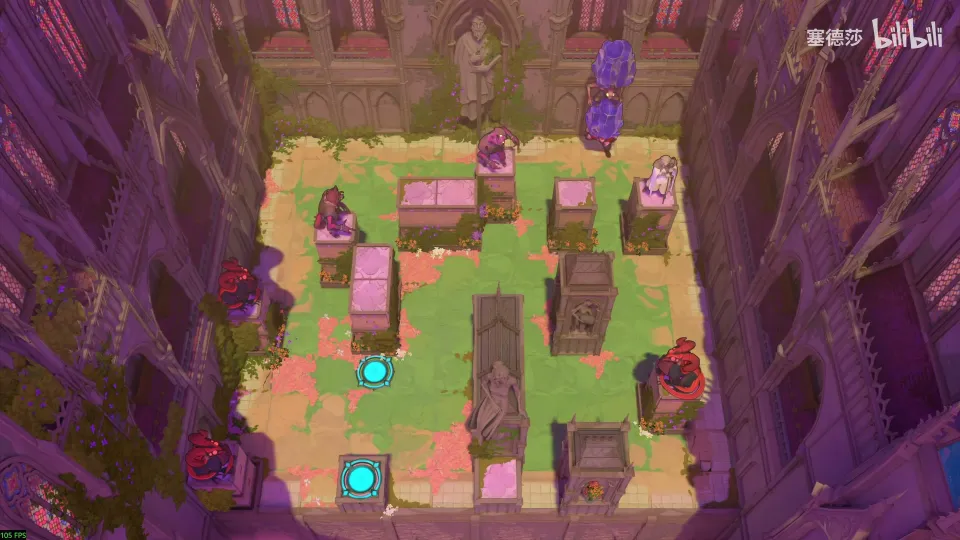 High Heroes puzzle 60: a purple garden with pink stone blocks, dragons and cyan exits