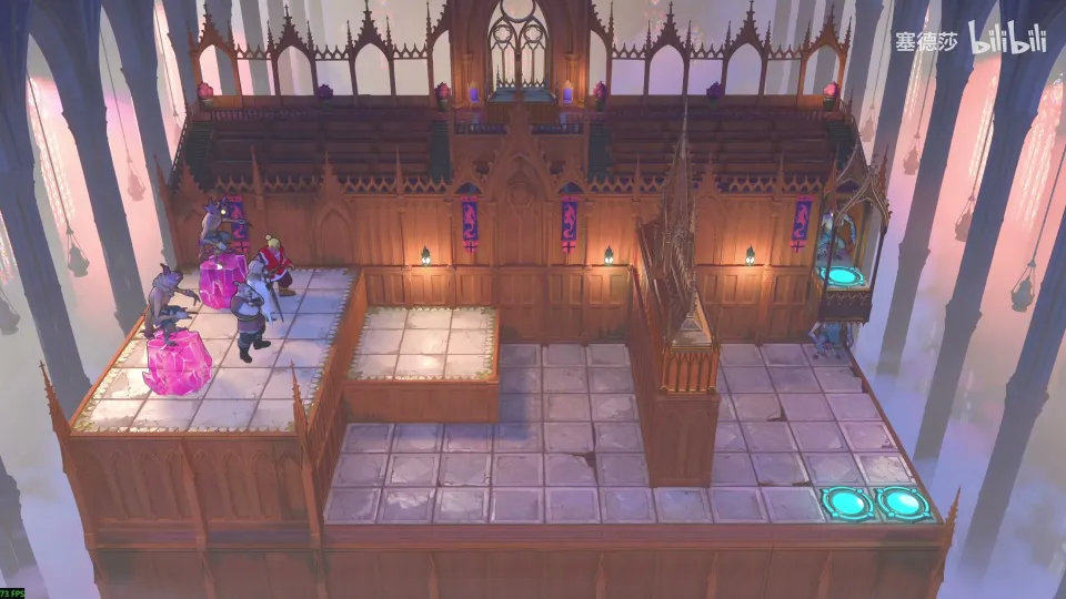High Heroes puzzle 61: a wooden hall of stepped floors with pink crystals, heroes and cyan exits