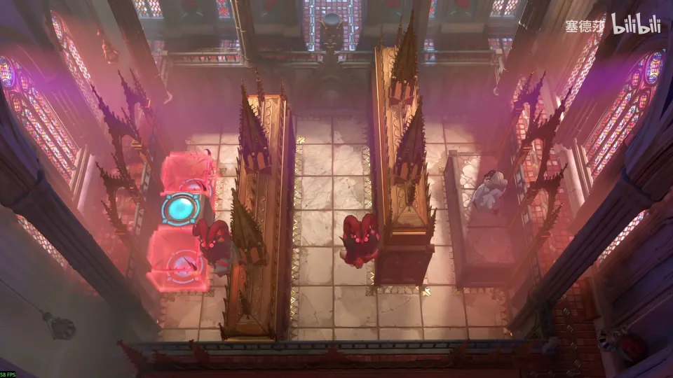 High Heroes puzzle 62: a pink-lit cathedral nave with two dragons and a cyan exit at the left