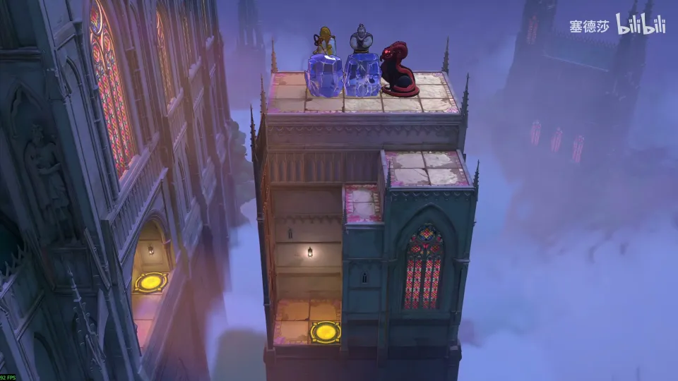 High Heroes puzzle 63: a tall gothic tower top with a dragon, a blue crystal and yellow buttons