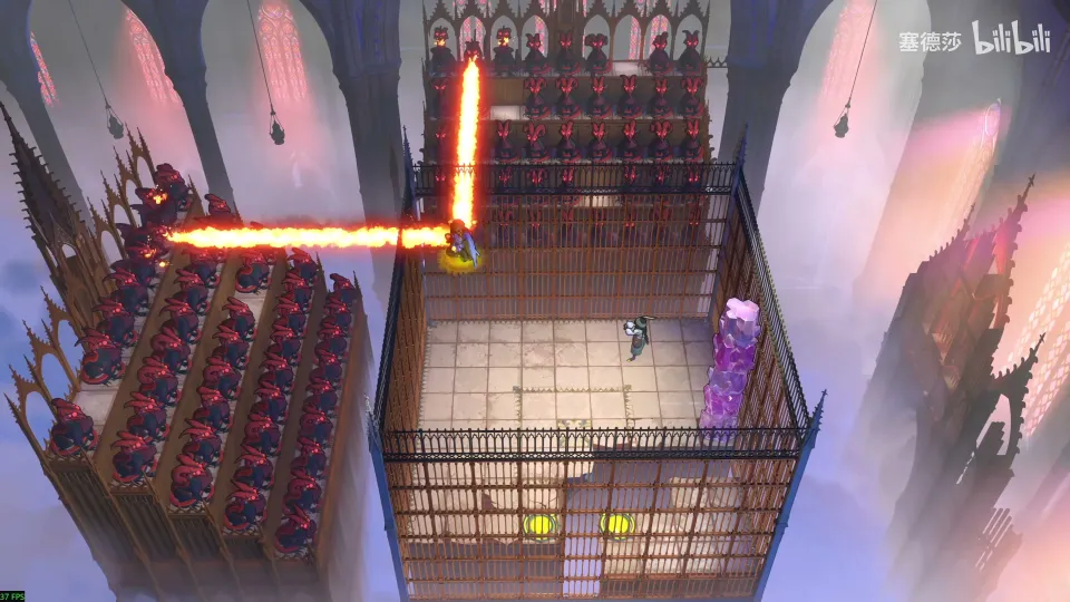 High Heroes puzzle 65: a caged shaft beside a wall packed with dragons, fire crossing the floor, a pink crystal tower and two heroes
