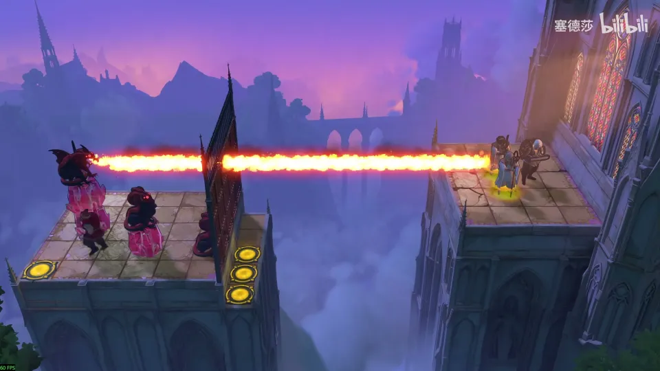 High Heroes puzzle 66: two tower tops with three dragons breathing fire at different heights across a gap