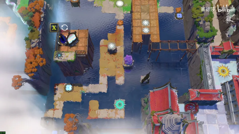 High Mirrors overworld: grassy islands and stone paths over blue water, mirrors on tall rocks and a tiled bridge at the bottom