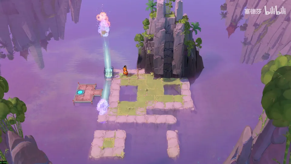 High Mirrors overworld: a rocky island in purple mist with a beam of light from a mirror, a grassy ring of paths and small tiles below