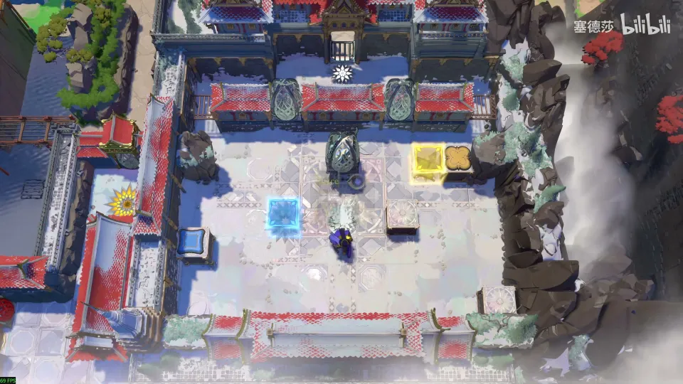 High Mirrors overworld: a snowy temple courtyard seen from above with blue and yellow blocks, a star symbol and red-roofed walls
