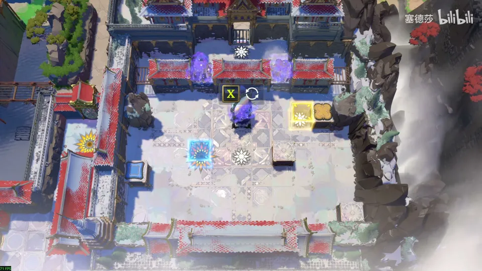 High Mirrors overworld: the snowy temple courtyard with a mirror, a stone and blue and yellow blocks