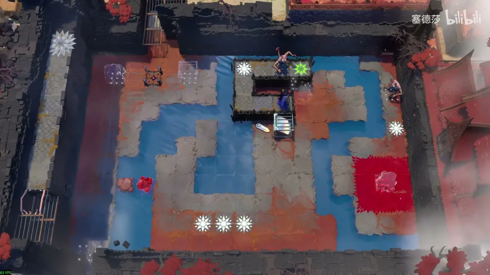 High Mirrors overworld: a walled courtyard with blue water channels, orange paths, a red square and three white star marks