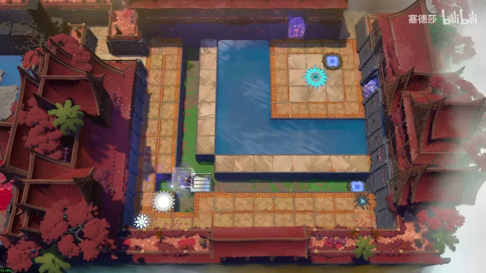 High Mirrors overworld: a red-walled garden with a square pool, a tiled walkway around it and a mirror by a cyan star mark