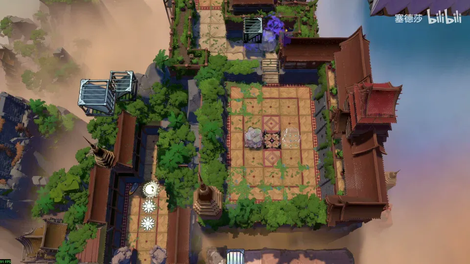 High Mirrors overworld: a walled garden on a cliff with a tiled courtyard, a cage on a ledge at the left and a path leading up
