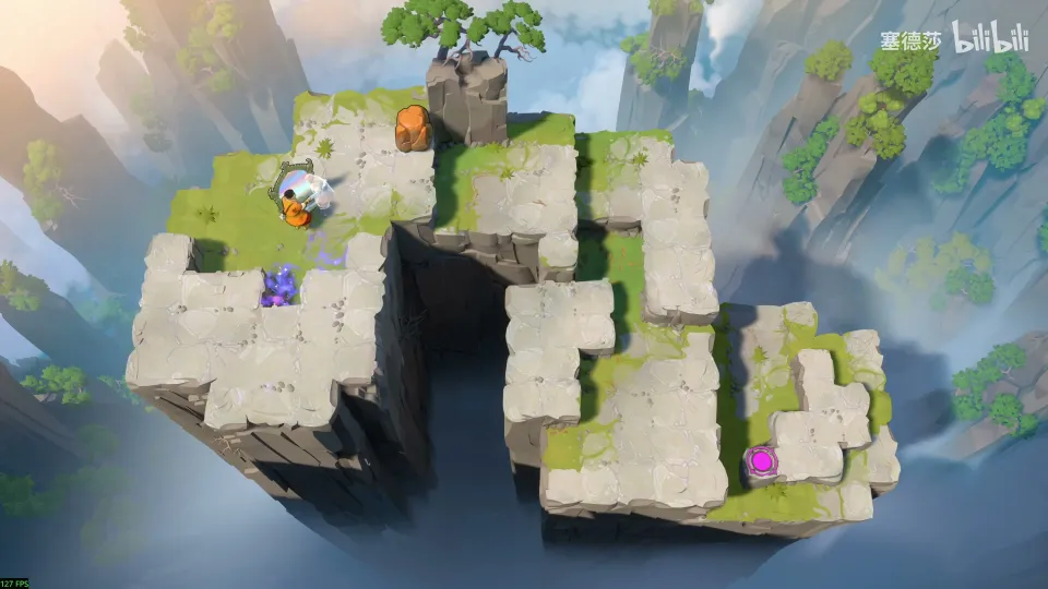 High Mirrors puzzle 1: a stepped cliff of grey stone and grass over a misty drop, a mirror, the Trader at the top and a magenta exit pad at the right