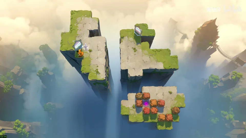 High Mirrors puzzle 2: three floating islands in the clouds, two grassy ones with mirrors at the top and a small one below covered in orange and purple stones
