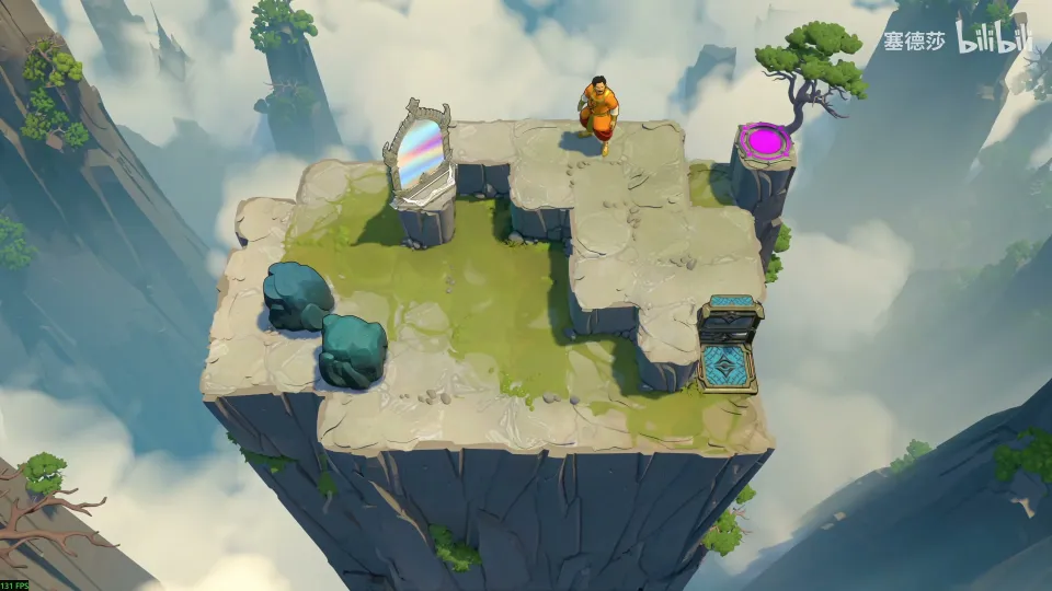 High Mirrors puzzle 3: a cliff-top with grass, two teal stones at the left, a mirror in the middle, the Trader and a magenta exit at the top right