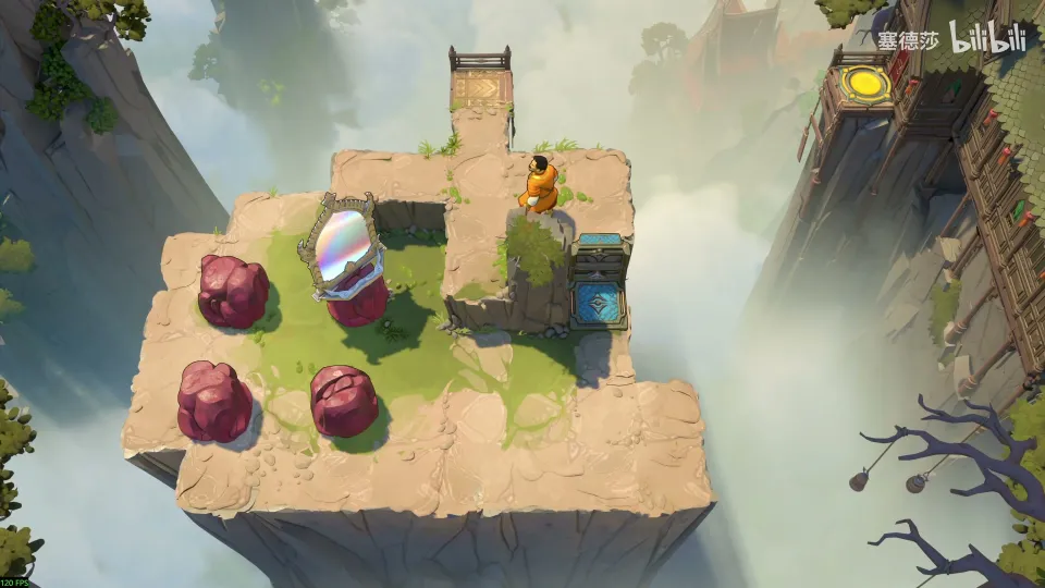 High Mirrors puzzle 4: a cliff-top with four dark red stones, a mirror resting on a stone, a narrow walkway at the top and a yellow exit at the top right
