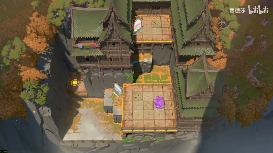 High Mirrors puzzle 5: a temple courtyard on a cliff seen from above, two tiled platforms, a mirror, a purple crystal and a yellow exit on the left