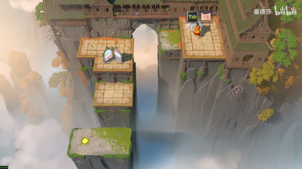 High Mirrors puzzle 6: tiled platforms on both sides of a waterfall gorge, mirrors on the platforms and a yellow exit on a mossy ledge at the bottom left