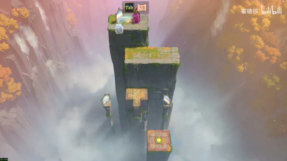 High Mirrors puzzle 7: tall stone pillars rising out of fog, mirrors on the pillars, the Trader at the top and a yellow exit on a small block below