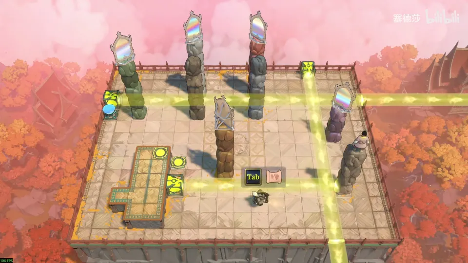 High Mirrors puzzle 8: a large stone floor crossed by yellow light beams, several tall stone pillars with mirrors on top and a low tiled block at the left