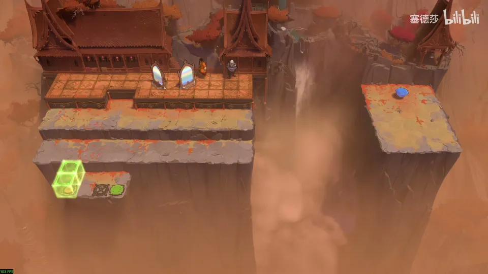 High Mirrors puzzle 9: an orange temple terrace with two mirrors, a green cube by the left edge and a separate tiled block with a blue gem at the right