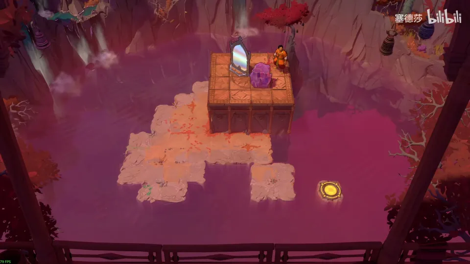 High Mirrors puzzle 10: a tiled block rising from magenta water, a mirror and a purple stone on top, pale stepping tiles around it and a yellow exit at the bottom right