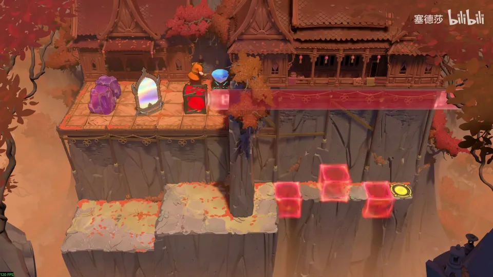High Mirrors puzzle 11: an orange terrace by a temple, a purple crystal and a mirror at the top, a red beam and a line of red blocks over a gap below