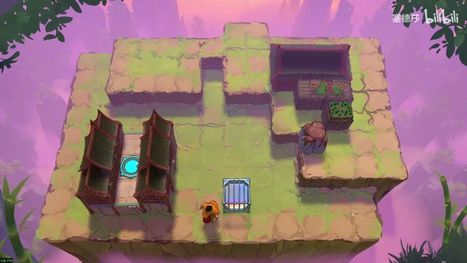 High Mirrors puzzle 12: a grassy plateau over purple water with dark wooden doorways, a vertical mirror frame, a stone and the Trader